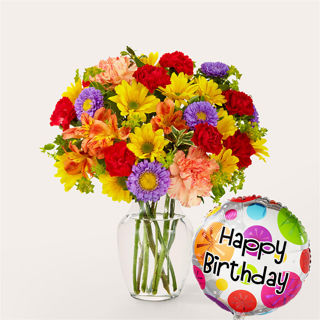 Kaleidoscope Bouquet with Birthday Balloon – SWEET CREATIONS BROOKFIELD FLWRS & BLLNS, Brookfield IL
