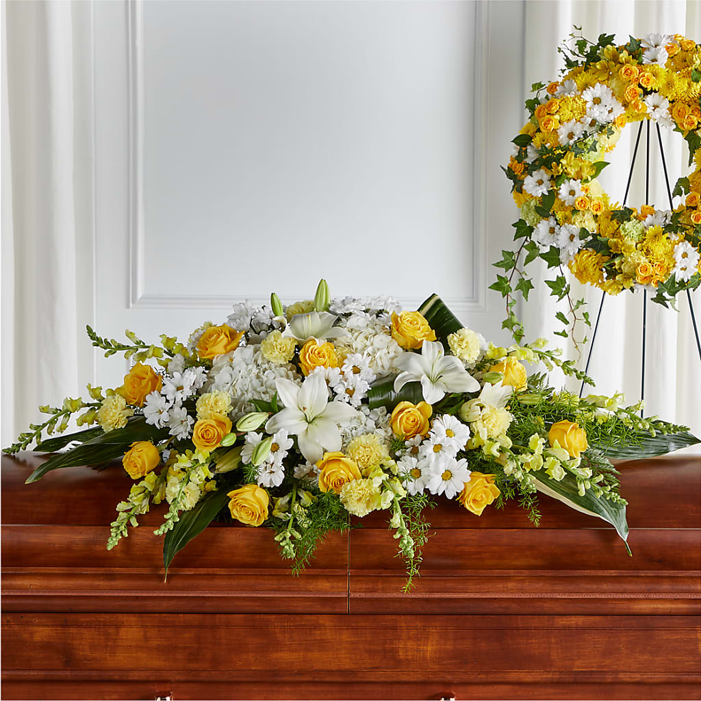 Golden Harmony Casket Spray – SWEET CREATIONS BROOKFIELD FLWRS & BLLNS, Brookfield IL