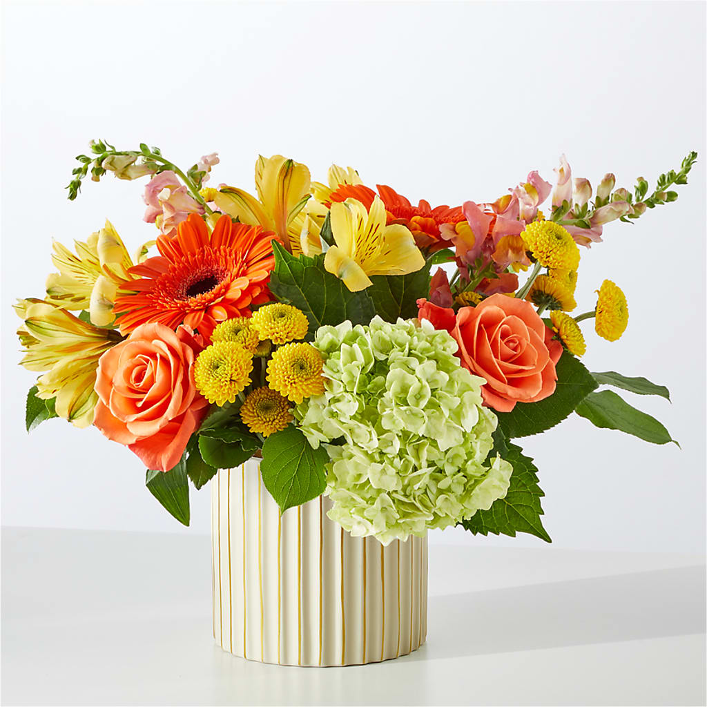 Autumn Sunshine Bouquet with Ivory Vase – SWEET CREATIONS BROOKFIELD FLWRS & BLLNS, Brookfield IL
