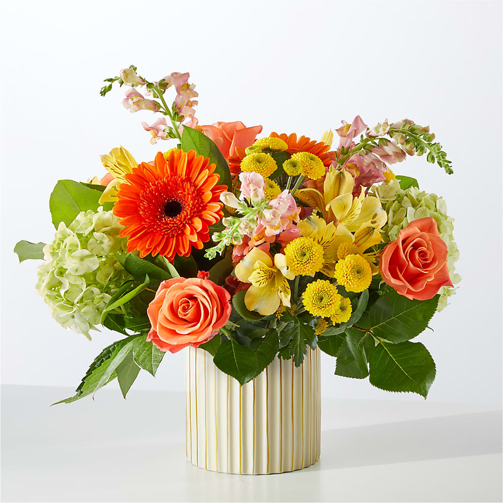Autumn Sunshine Bouquet with Ivory Vase – SWEET CREATIONS BROOKFIELD FLWRS & BLLNS, Brookfield IL